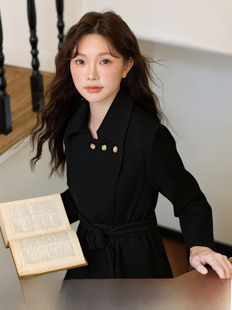 

Пальто средней длины с эффектом похудения, модное, осеннее, новинка, женская верхняя одежда больших размеров, стильное, для повседневной носки, однотонное, из полиэстера