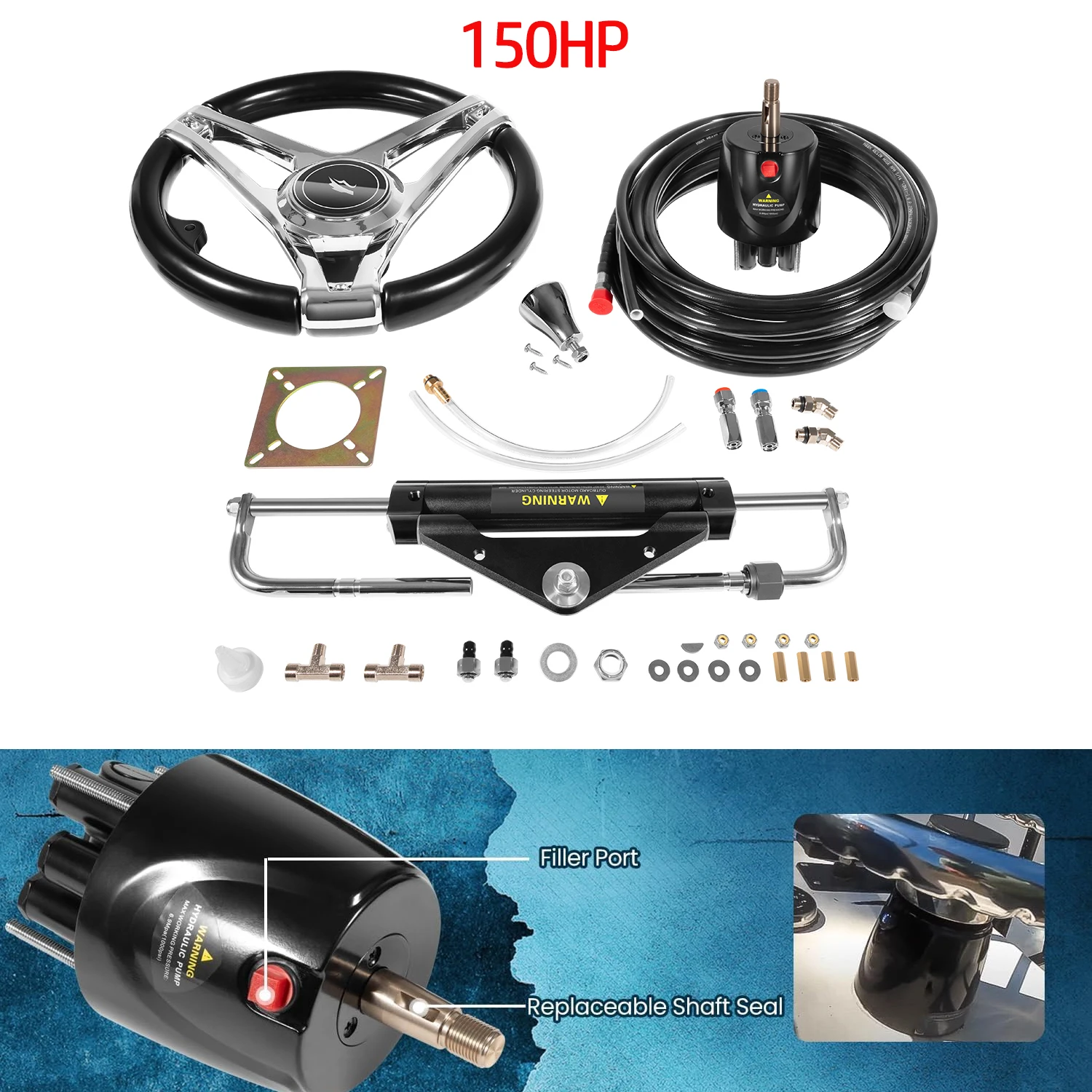 

150HP Hydraulic Steering Kit with Steering Wheel - Marine for Single Station, Single-Engine use Built-in Two-Way Lock Cylinder