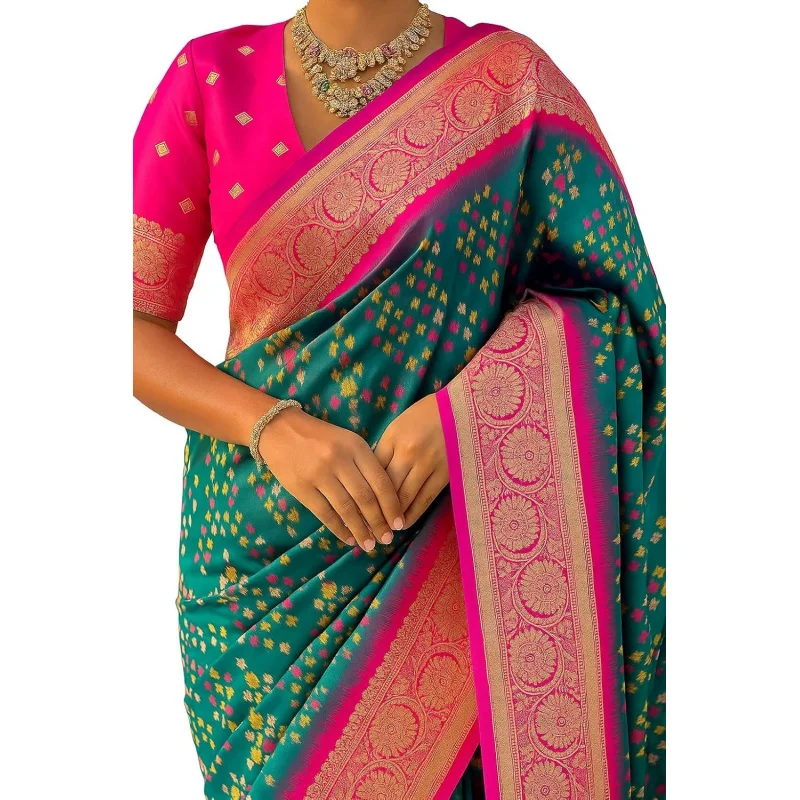 Women’s Traditional Banarasi Silk Saree–Teal Green with Pink Border, Golden Zari Weaving & Ustitched Blouse Piece