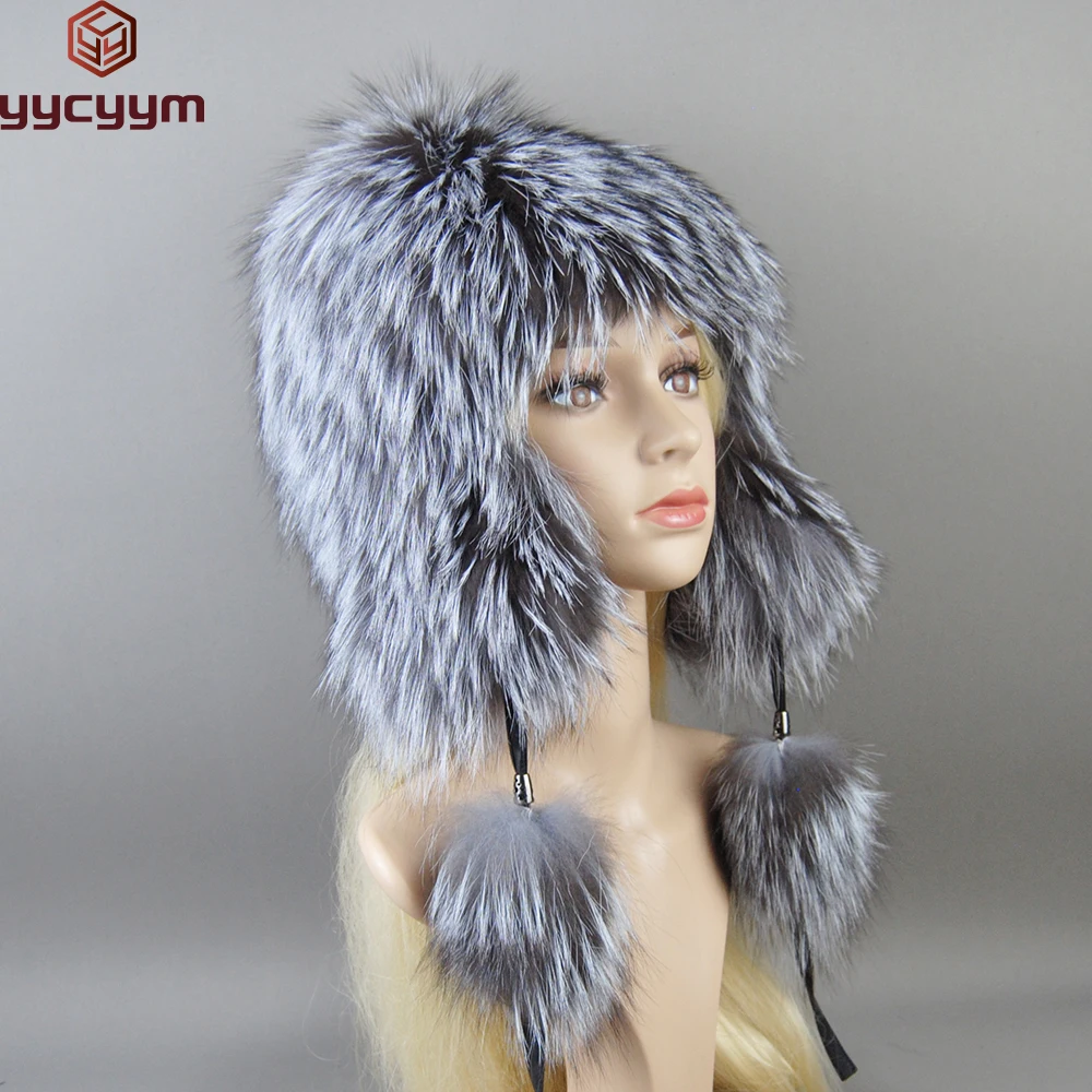 Luxury Women Natural Fox Fur Hat Real Fur Beanies Cap Knitted Hats Russian Brand Fashion Winter Warm Lady Cap Silver Fox Fur Hat