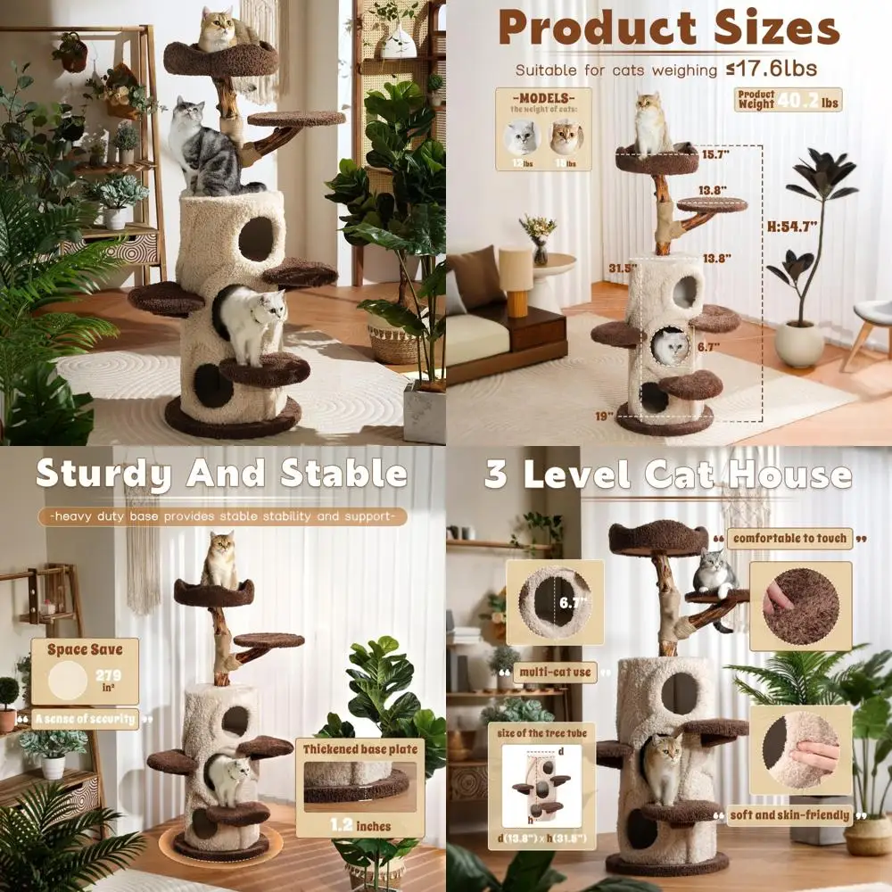 

Elevated Modern Cat Tree for Large Indoor Cats: 54.7-Inch High Wooden Tower with 3-Level Houses, Four Cozy Perches, and One Soft