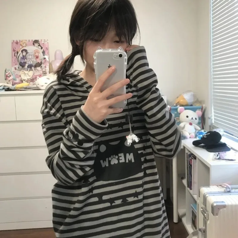 

Harajuku Cute Cat Black White Striped Tops Women 2025 Autumn New Hoodie Sweatshirts Mujer Y2k Long Sleeve Loose Pullovers