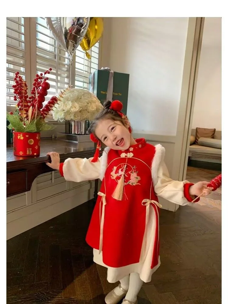 

Girls' Hanfu Chinese Style New Year Dress with Cotton and Thickened Cheongsam Winter New Style Children's New Year Dress New Yea