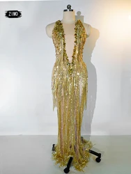 sparkly Perspective women's Gold rhinestone sequin fringe Long Dress dancing tassel romper Queen's Stage Evening prom party DS