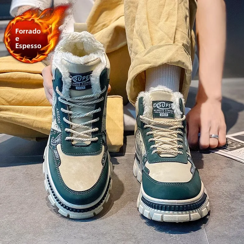 厚底ハイカットメンズスノーブーツ、ファー裏地付きマーティンブーツ、暖かいユースファッションショート丈ラバーソールラウンドトゥブーツ