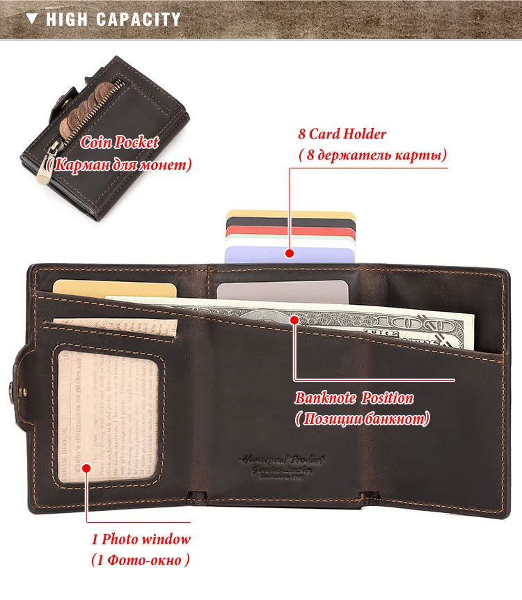 HUMERPAUL Herren-Kartenhalter mit Geldfach, Crazy Horse-Leder, Pop-Up, minimalistische Geldbörse, RFID-blockierendes, schlankes Bankkartenetui aus Metall – Detail 9