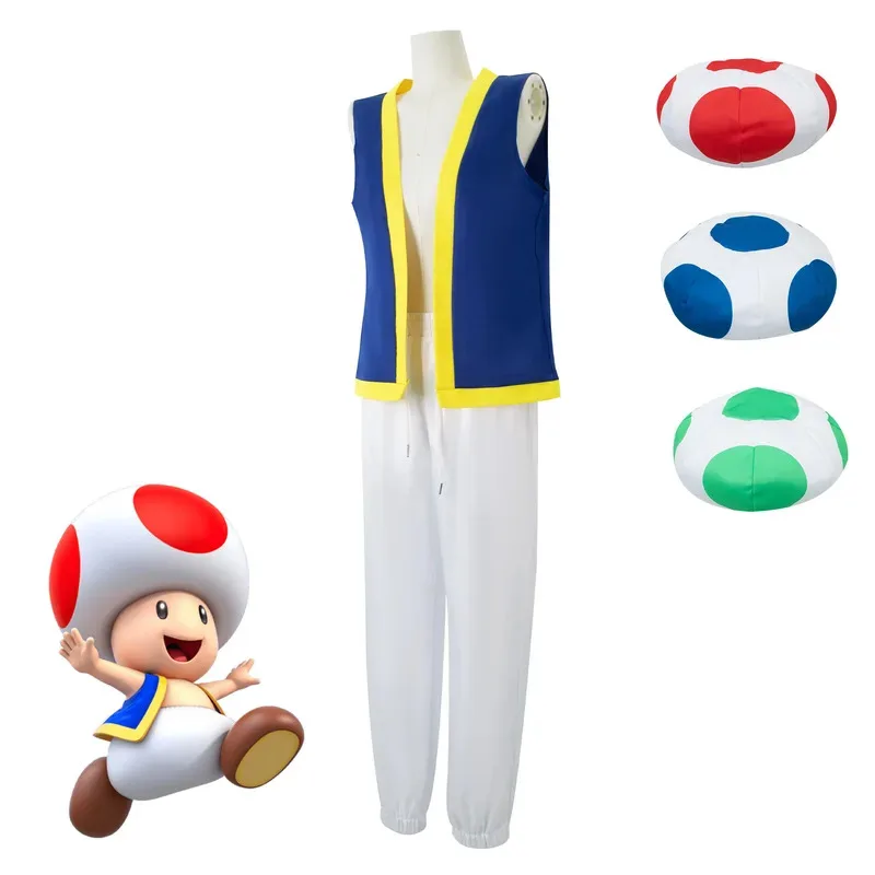 

Kinopio Toad Cosplay Hat Adult Costume Game Bros 2 Roleplay Fantasia Outfits Vest Pants Halloween Carnival Party