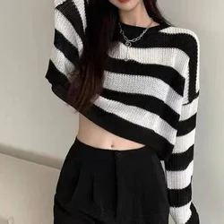 Suéter corto a rayas de estilo coreano para mujer, Jersey de punto Vintage de gran tamaño, Tops de manga larga con cuello redondo para otoño