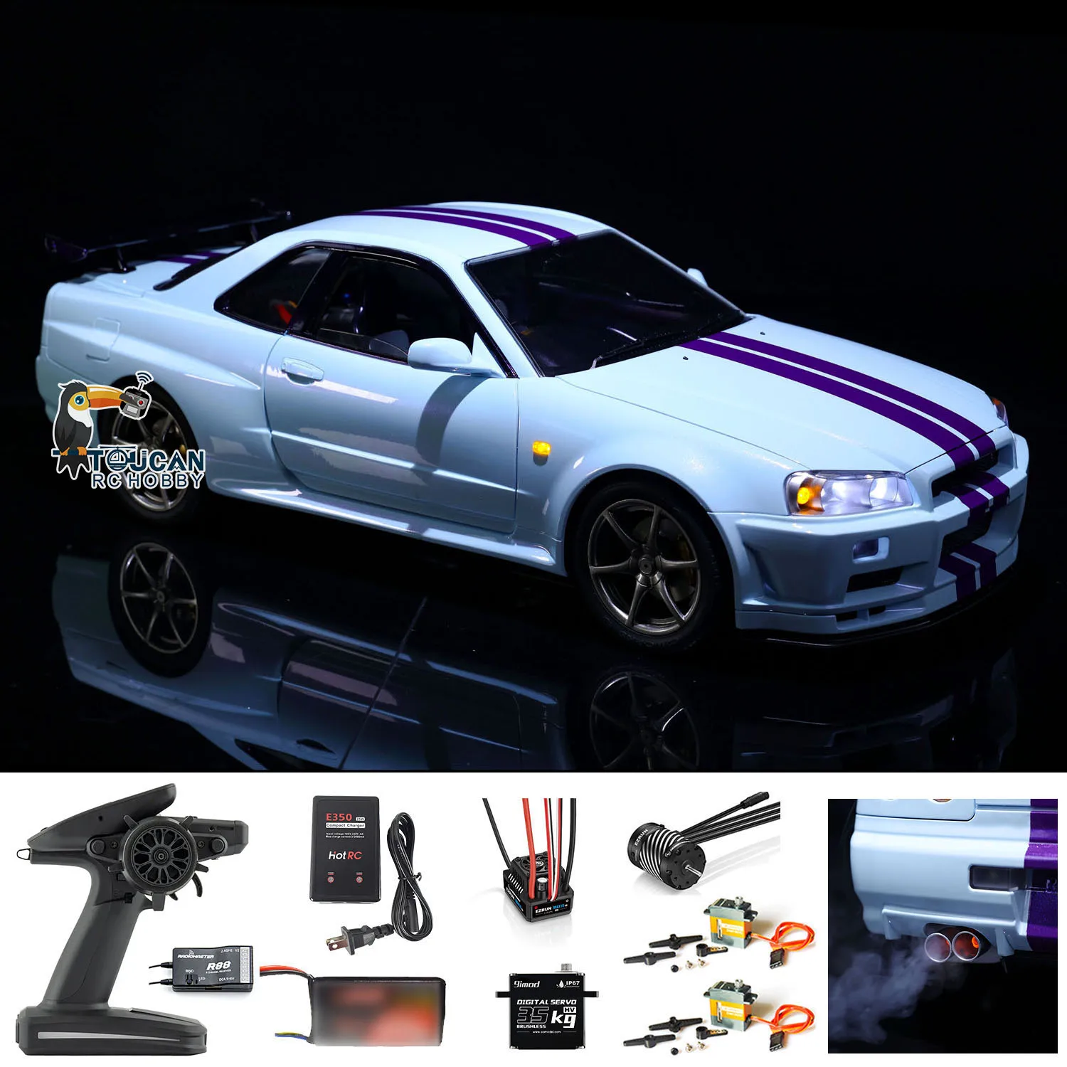 US Stock R34 1/8 RC Racing Car RTR 4x4 4WD High Speed Model Metal Cabin 2-Speed Drifting Cars with Sound Light Smoking RC Toy