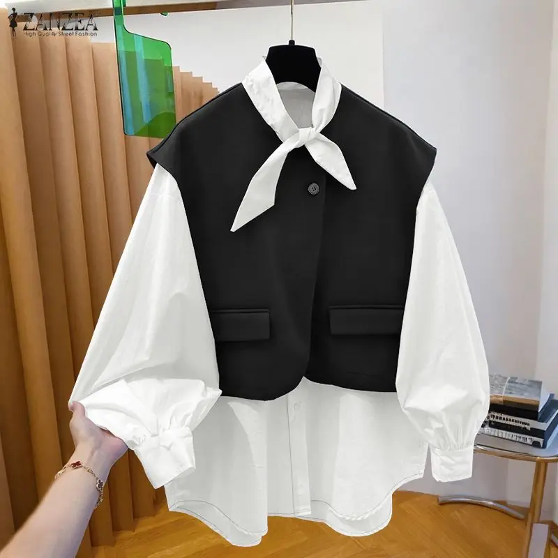 ZANZEA เสื้อแฟชั่นผู้หญิงผูกคอผ้าขนสัตว์งานเย็บปะติดปะต่อกันเสื้อแขนยาวสตรีทแวร์ฤดูใบไม้ผลิฤดูร้อนเสื้อผ้าผู้หญิง