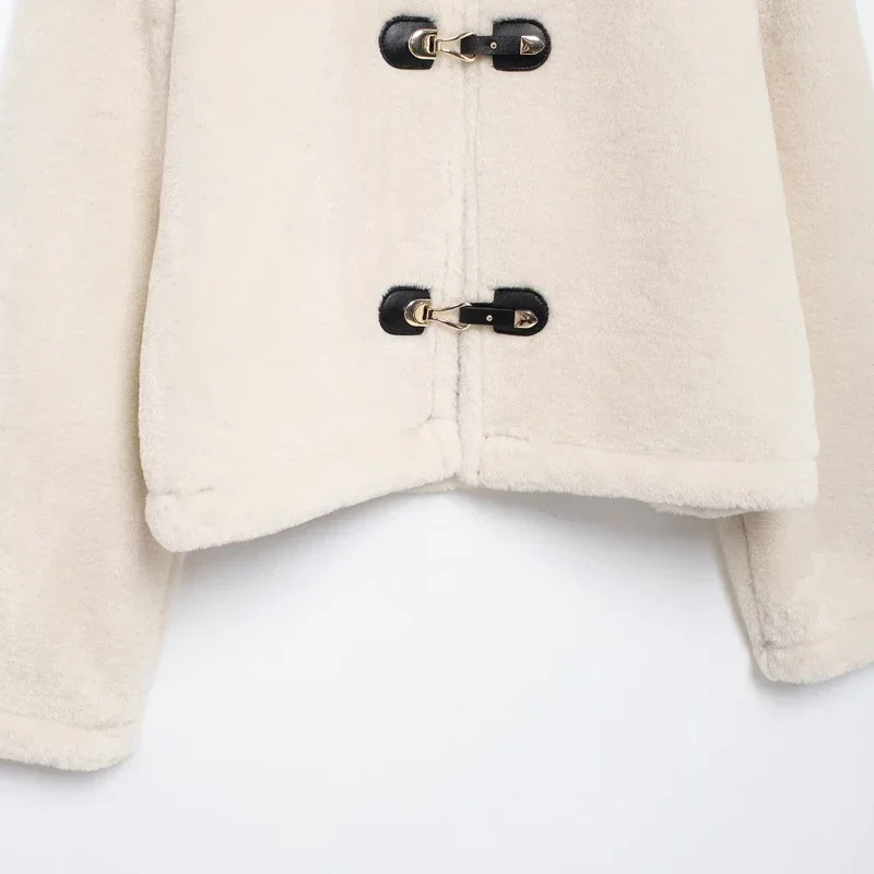 TRAF Cropped Fleece Jacket Outerwears 2024 Women\'s Autumn Winter Long Sleeve Fluffy Coats Elegant Casual Beige Short Coats