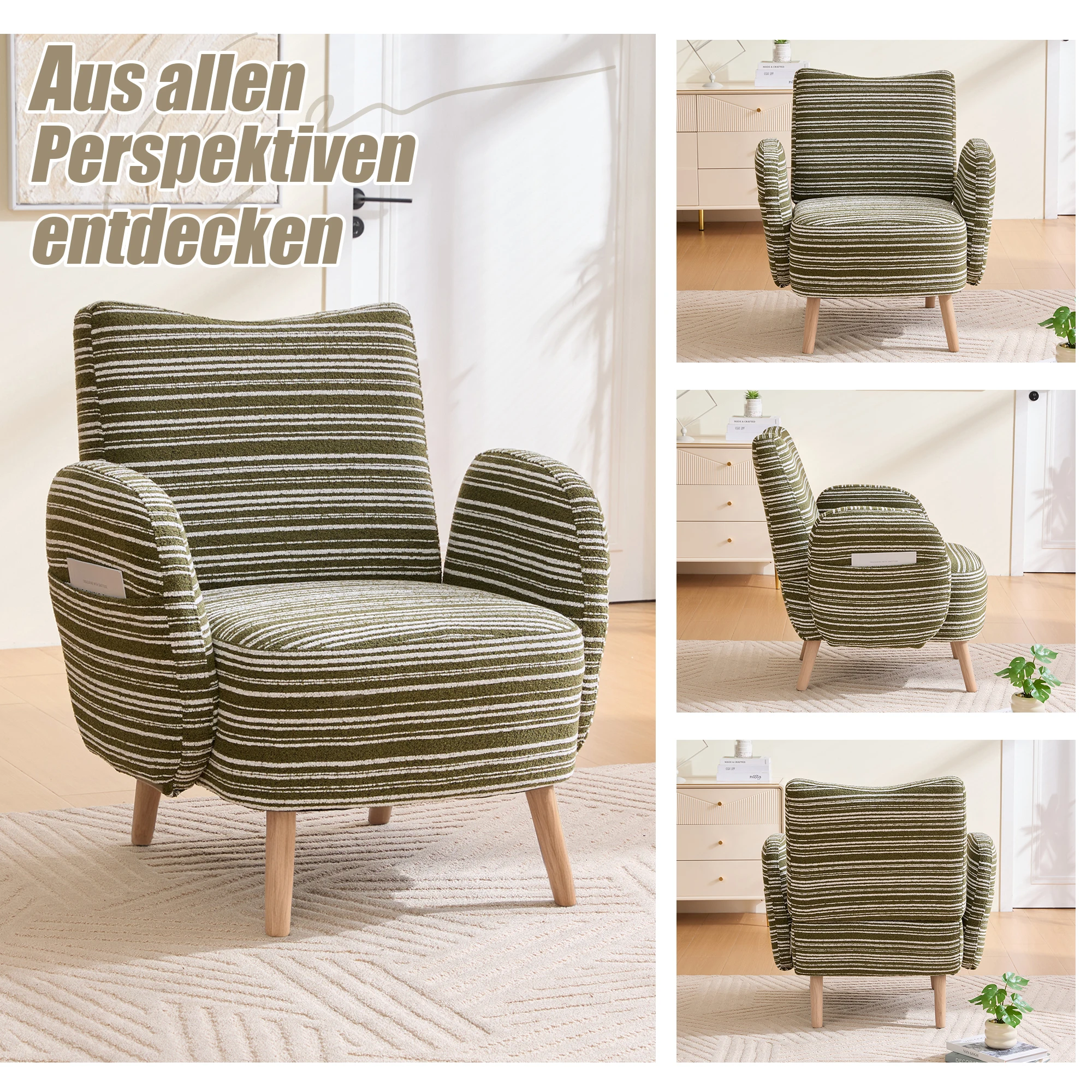PINGGO Moderner Stoffsessel mit Seitentasche & Massivholzbeinen, Komfortabler Lesesessel für Wohnzimmer Schlafzimmer Büro – Detail 6