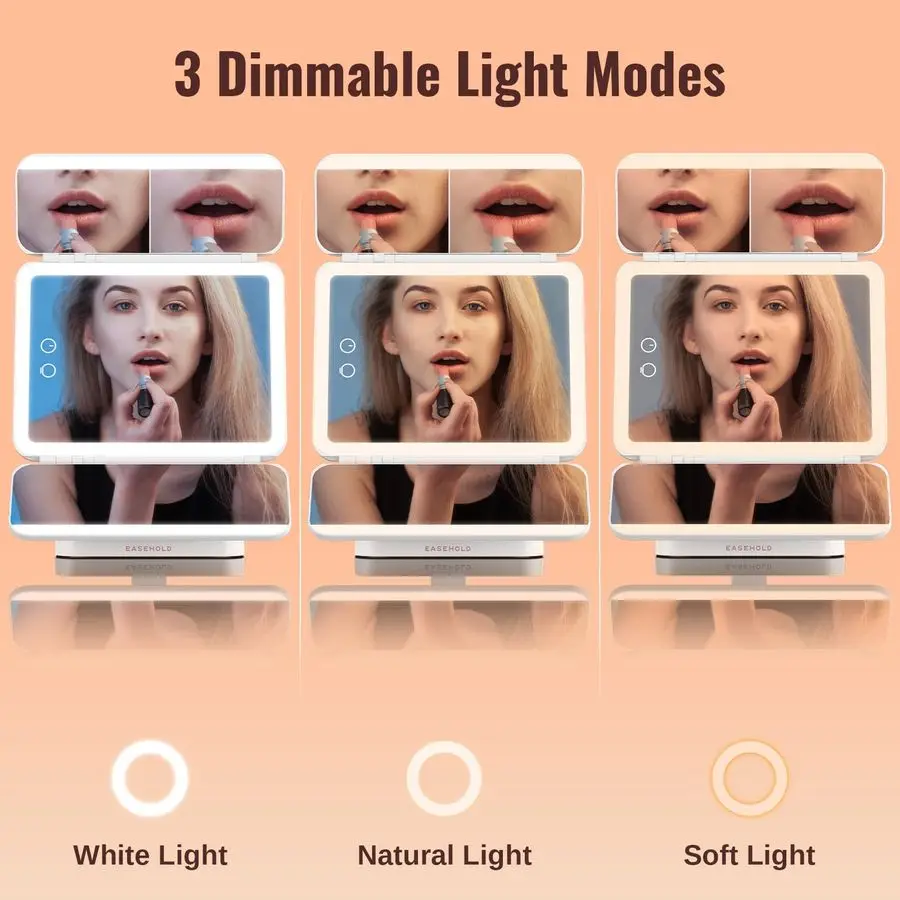 กระจกแต่งหน้าแบบมีไฟพร้อมกำลังขยาย, กระจกแต่งหน้าแบบมีไฟ, กระจกขยาย 2X 3X 10X, กระจก LED แบบชาร์จไฟได้ 3 สี