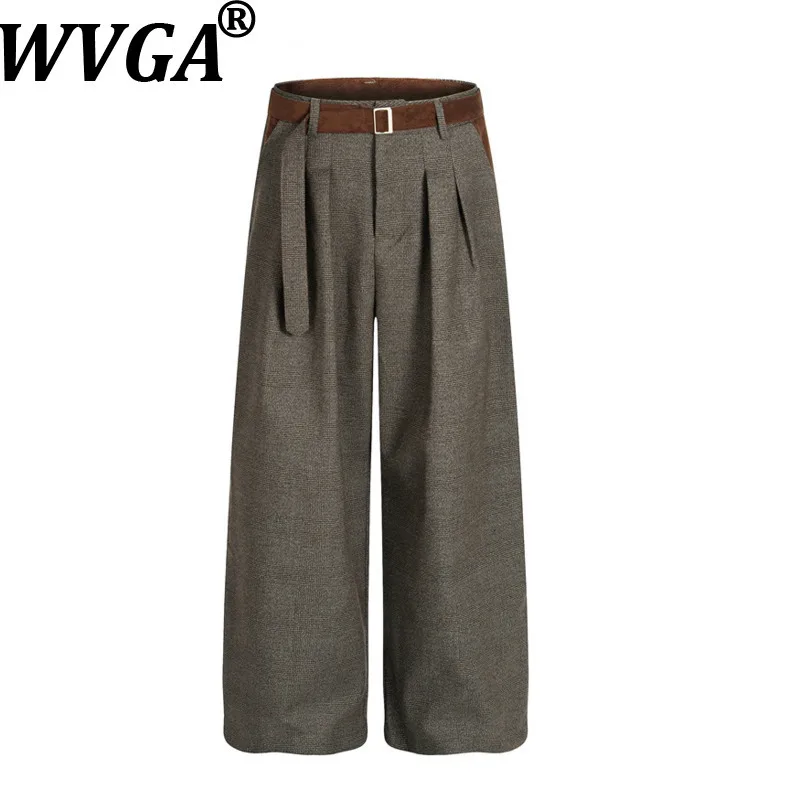 WVGA Spring Autumn New Men Tide Houndstooth Pleated Patchwork Trendy Straight Niche Chic Casual Loose Suit Pants Ins Y2K W18541
