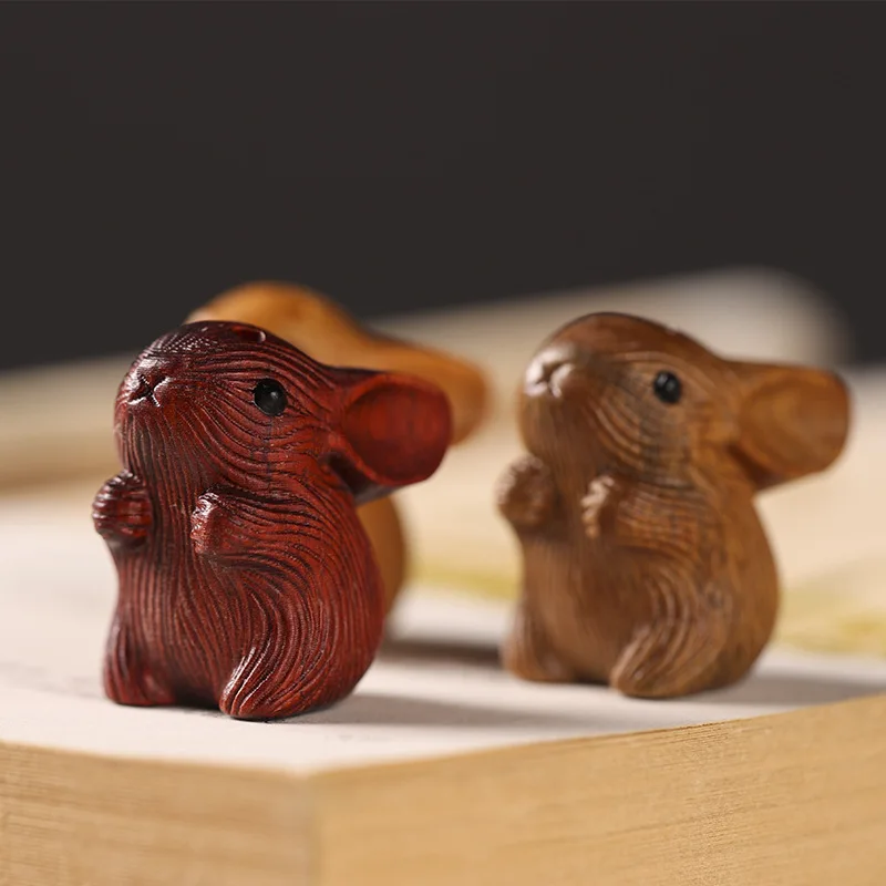 Ornaments miniatures Natural Sandalwood Carving Crafts Cute Chinese Zodiac Cute Rabbit Home Decoration Children Gift DIY Pendant