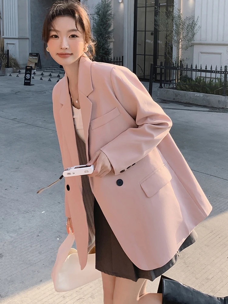 LANMREM Office Lady Blazer For Women Notched Long Sleeves Double Breasted Solid Color Coat Versatile 2024 New Clothing 2DA5909