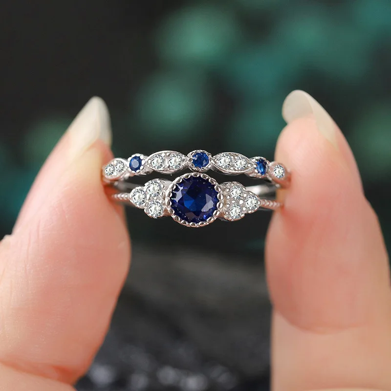 

Женский комплект колец из двух частей из стерлингового серебра 925 пробы, можно носить или индивидуально, с сапфиром из микронабора