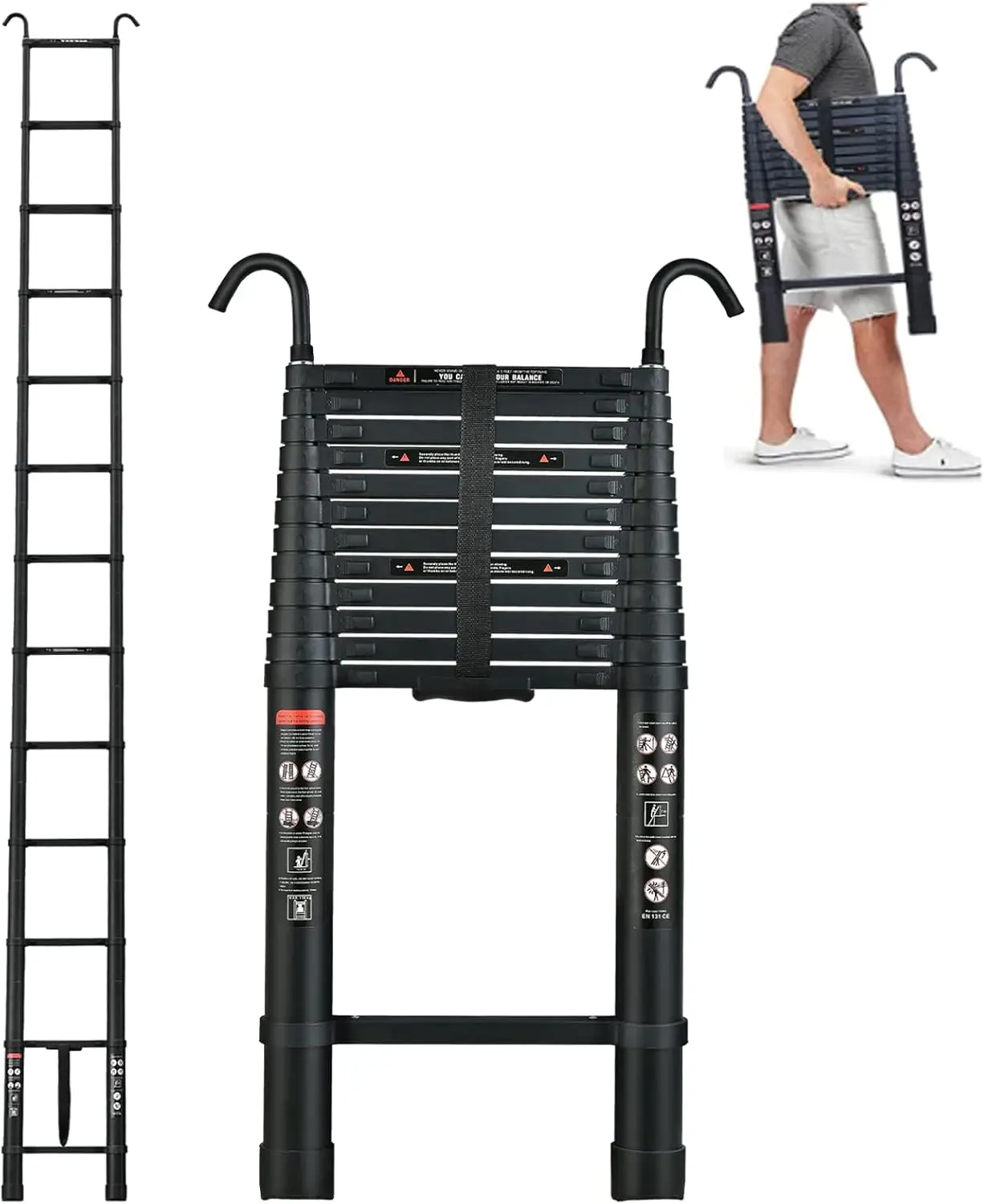 Aluminum Extension Ladders 16.4FT/5M Telescopic Ladder, Portable Collapsible Ladder with Non-Slip Foot Cover& Locking Mechanism