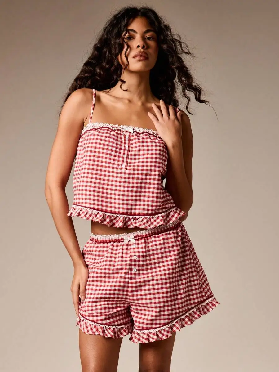 

Red White Gingham Ruffle Hem Cami Top And Shorts Sleepwear For Women