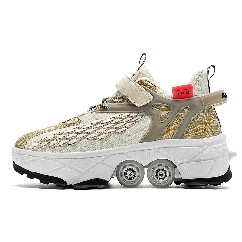 Air Breathable Kids & Adults Sneakers Four Wheels Retractable Flying Shoes Girls & Boys Child Deformed Roller Skates Size 33-43