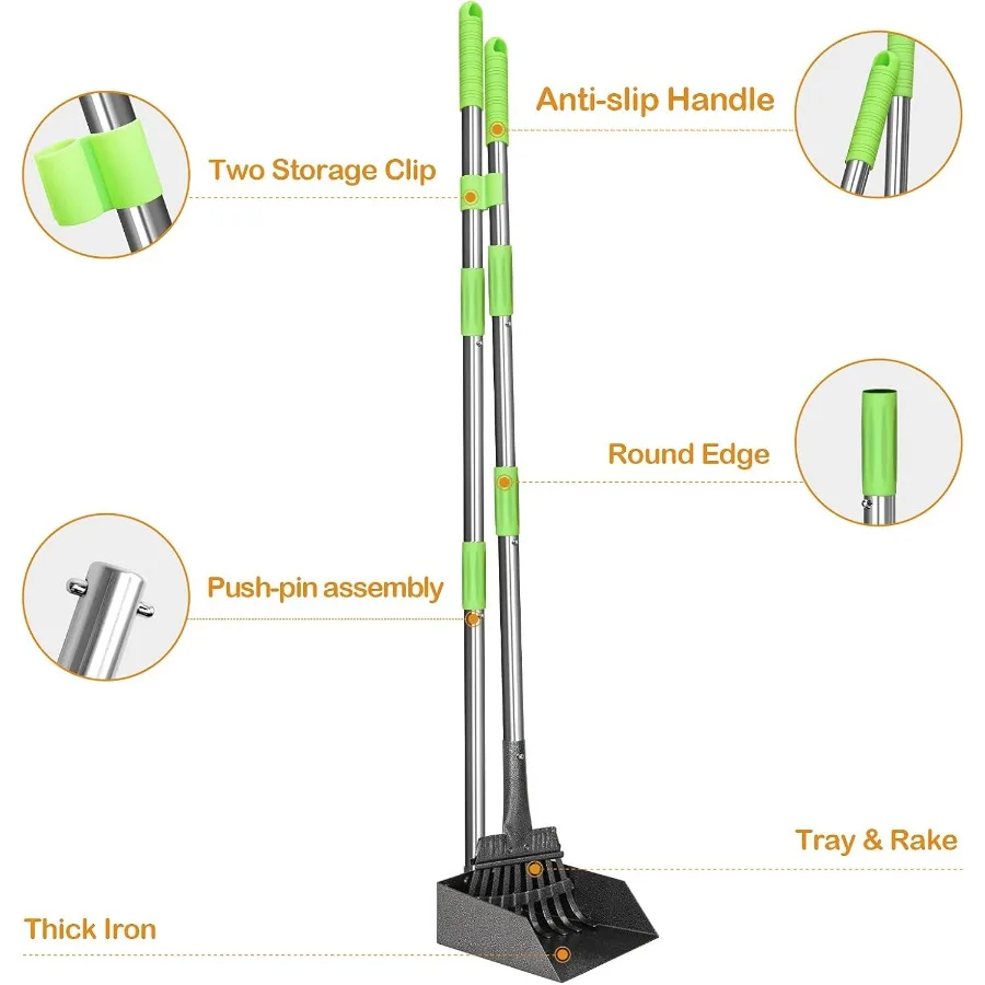 Colheitadeira de pooper com cabo longo e resistente com bandeja e ancinho de aço inoxidável projetado para cães médios e pequenos, ideal para limpeza