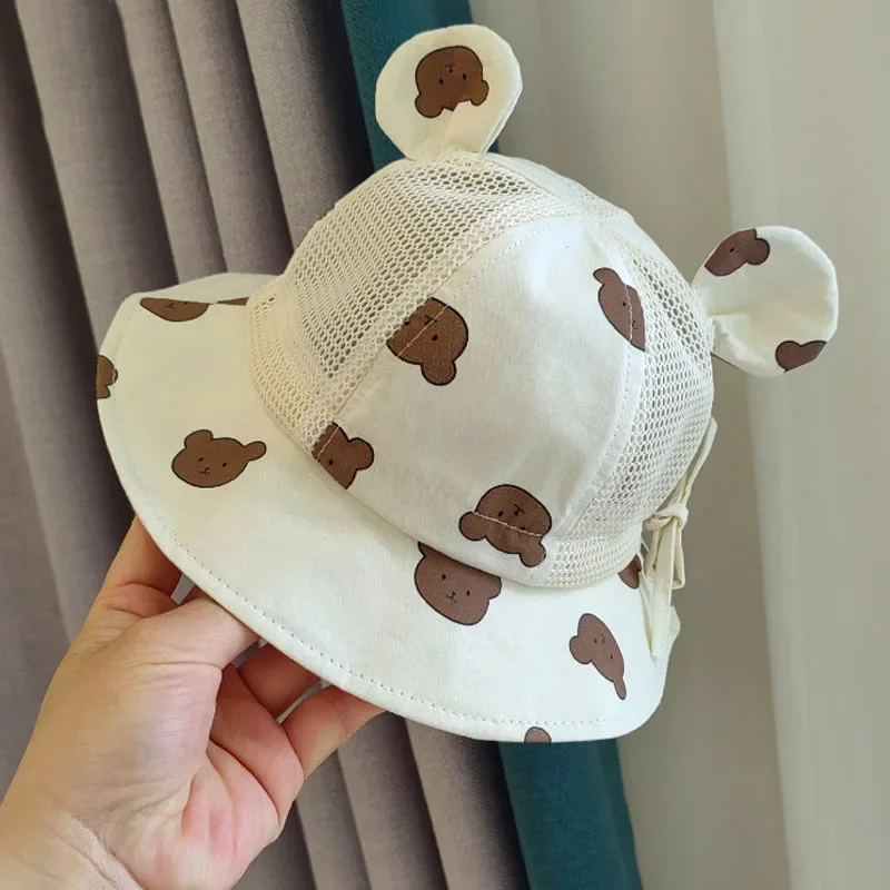 Cute Bear Baby Bucket Hat with Ears Boys Girls Cartoon Cotton Mesh Breathable Sun Hat Kids Outdoor Summer Child Panama Cap