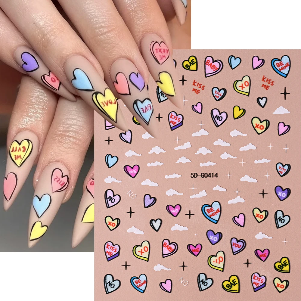 Autocollants 5D pour les ongles, stickers pour les lèvres sexy, amour, cœur, lettre "baiser", rose, rouge, décalcomanies pour manucure romantique, DIY