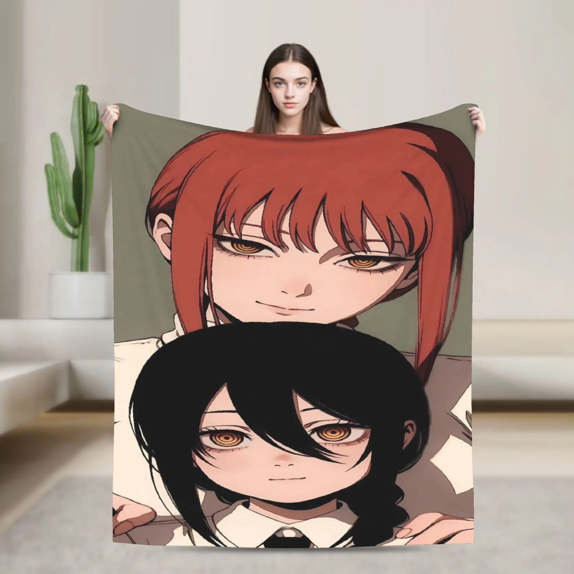 Soft Warm Blankets Picnic Makima solemn anime Throw Blanket Chainsaws Mans Flannel Bedspread For Living Room Sofa Bed Cover