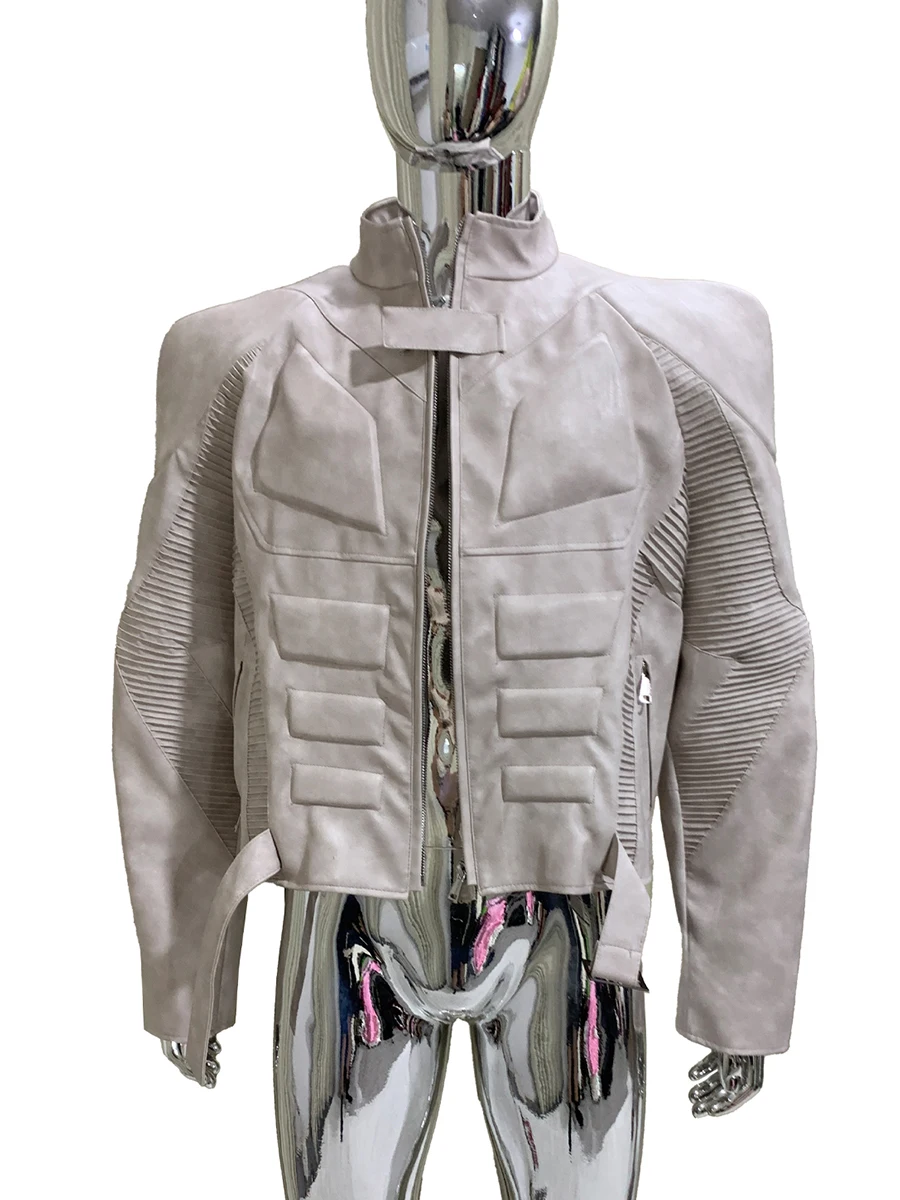 Spring Autumn Cool Distressed Pu Leather Exoskeleton-structured Jacket Men Shoulder Pads Luxury Designer Emo Clothes Streetwear