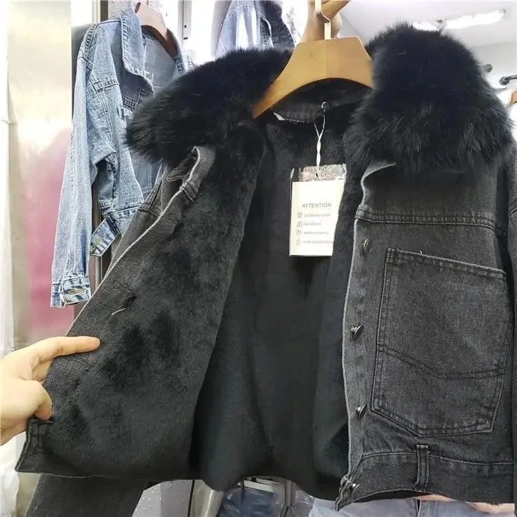 2024 New Winter Loose Plus Velvet Denim Jacket Thicken Real Fur Collar Denim Jacket Female Jacket Cotton-padded Jean Jacket