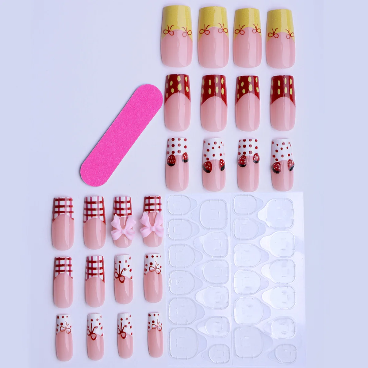 24 Stück rot kariert, französischer Stil, zum Aufdrücken der Nägel, niedliche 3D-Bowknots, Erdbeer-Designs, künstliche Nägel, süßer langer Sarg, künstlicher Nagel, tragbar