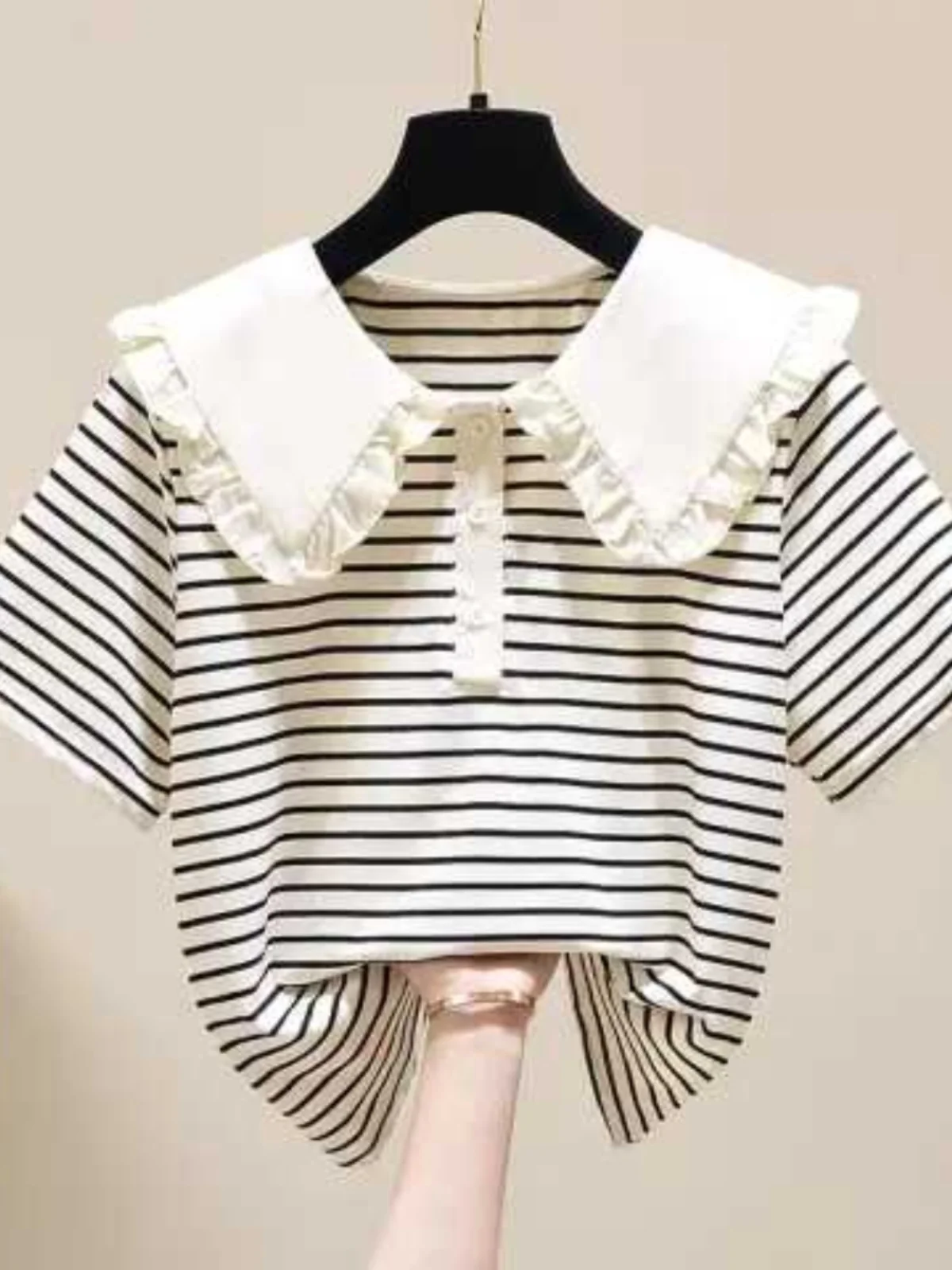 Girls Short Sleeve Doll Collar T-Shirt Ruffle Trim Turn-down Collar Summer Fashion Middle School Students Striped  Top