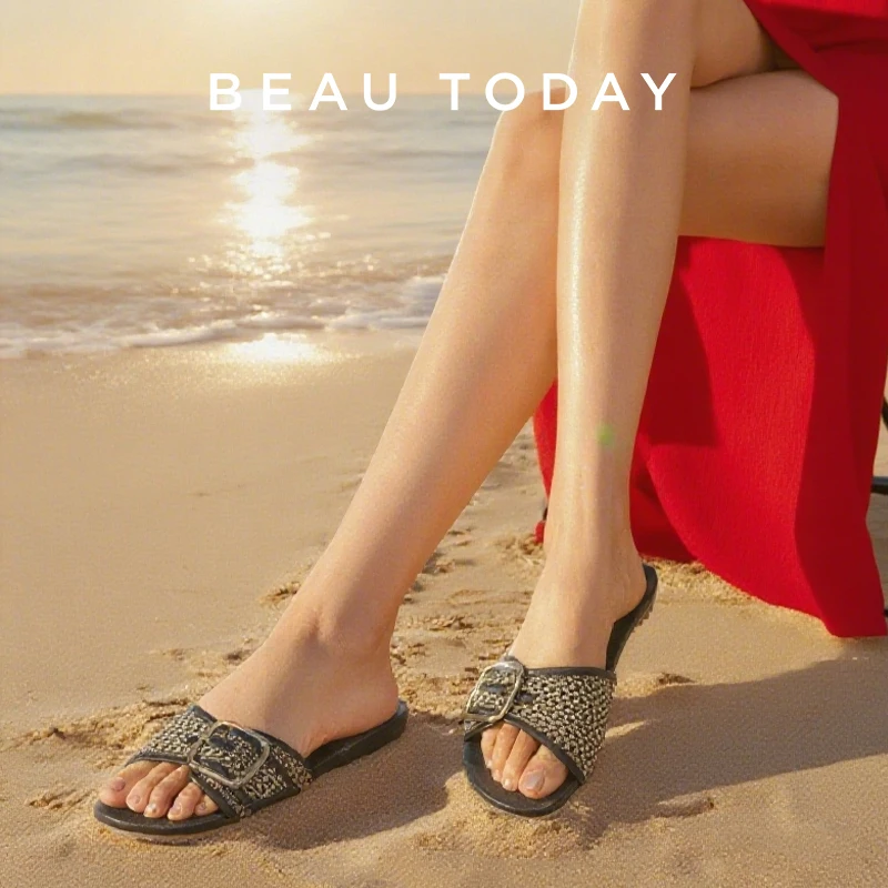 BEAUTODAY Casual Slippers Women Microfiber Woven Metal Buckle Flats Summer Ladies Sheepskin Shoes Handmade 36363