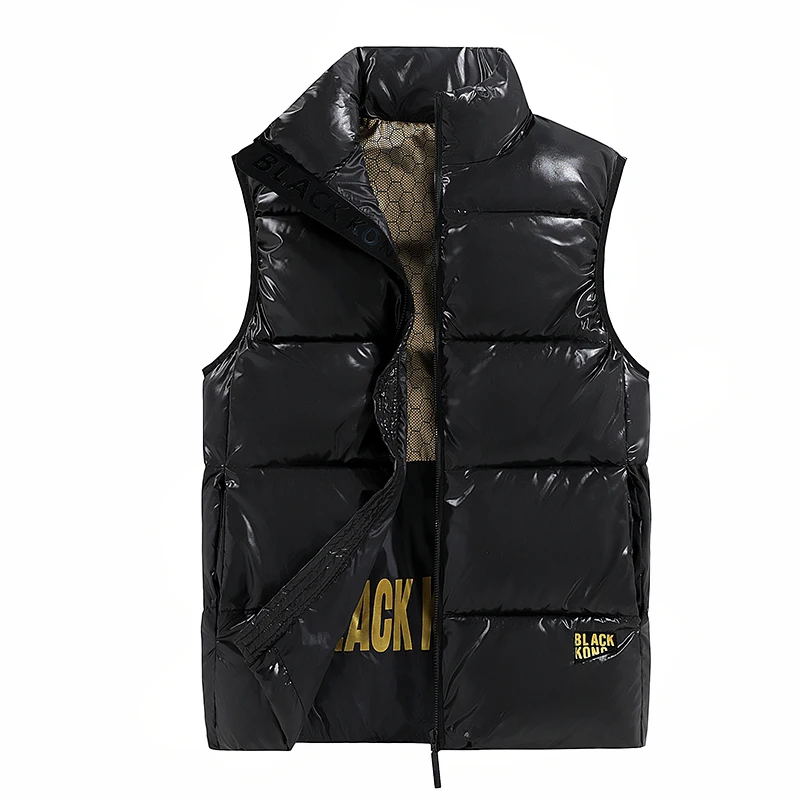 Men's Black Gold Down Vest Autumn Winter New Solid Color Graphene Warm Outdoor Camping Stand Collar Coat Men's Sleeveless Jacket