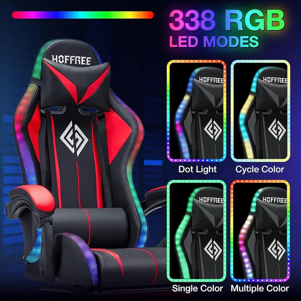 RGB Gaming Chair with Bluetooth Speakers and LED Lights Ergonomic Massage Computer Game Chair with ootrest High Back Music Video view 5