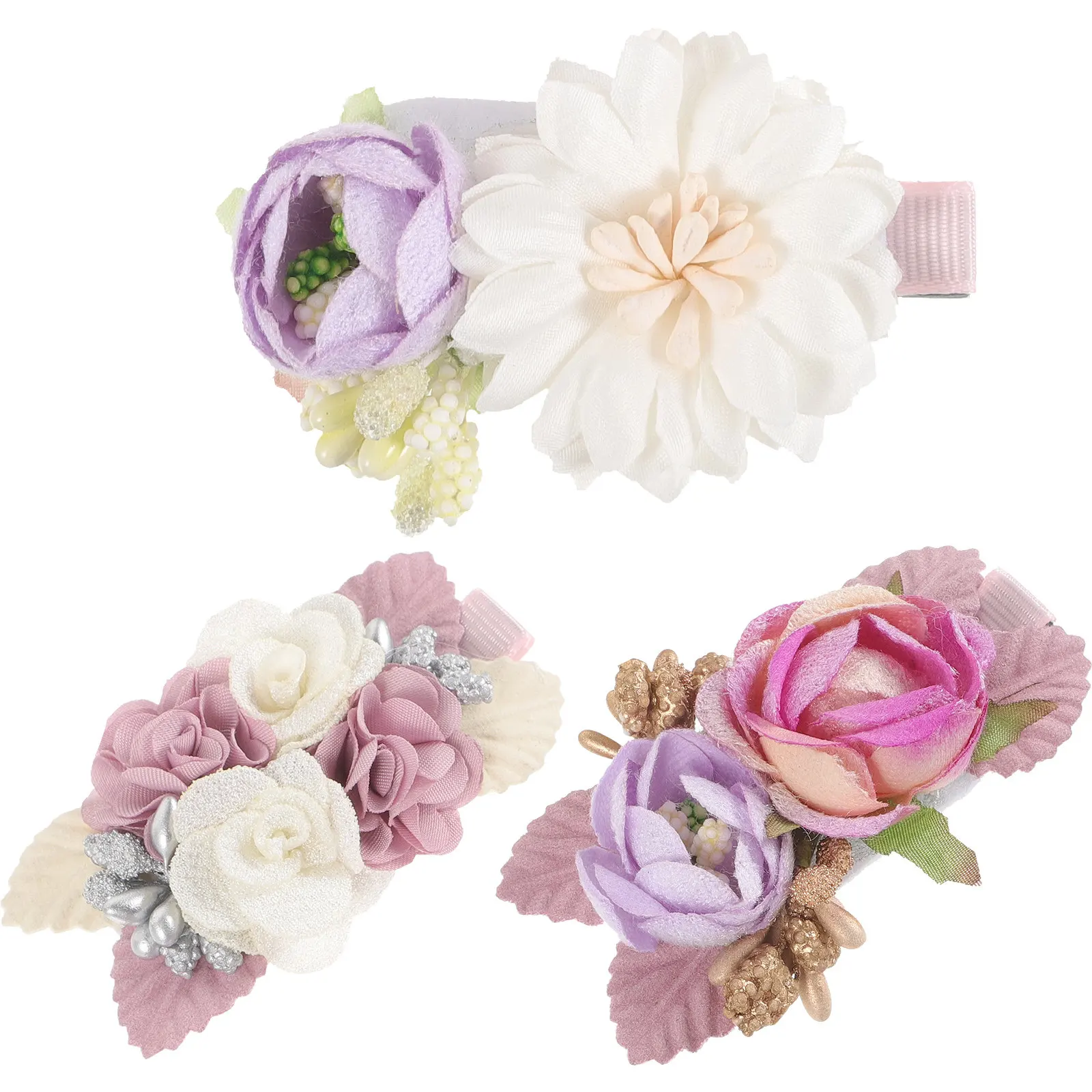 

3Pcs Artificial Children Flower Headdress Set Braid Material Pink Rose Hairpins for Wedding Photo Shoot Party Dance Banquet