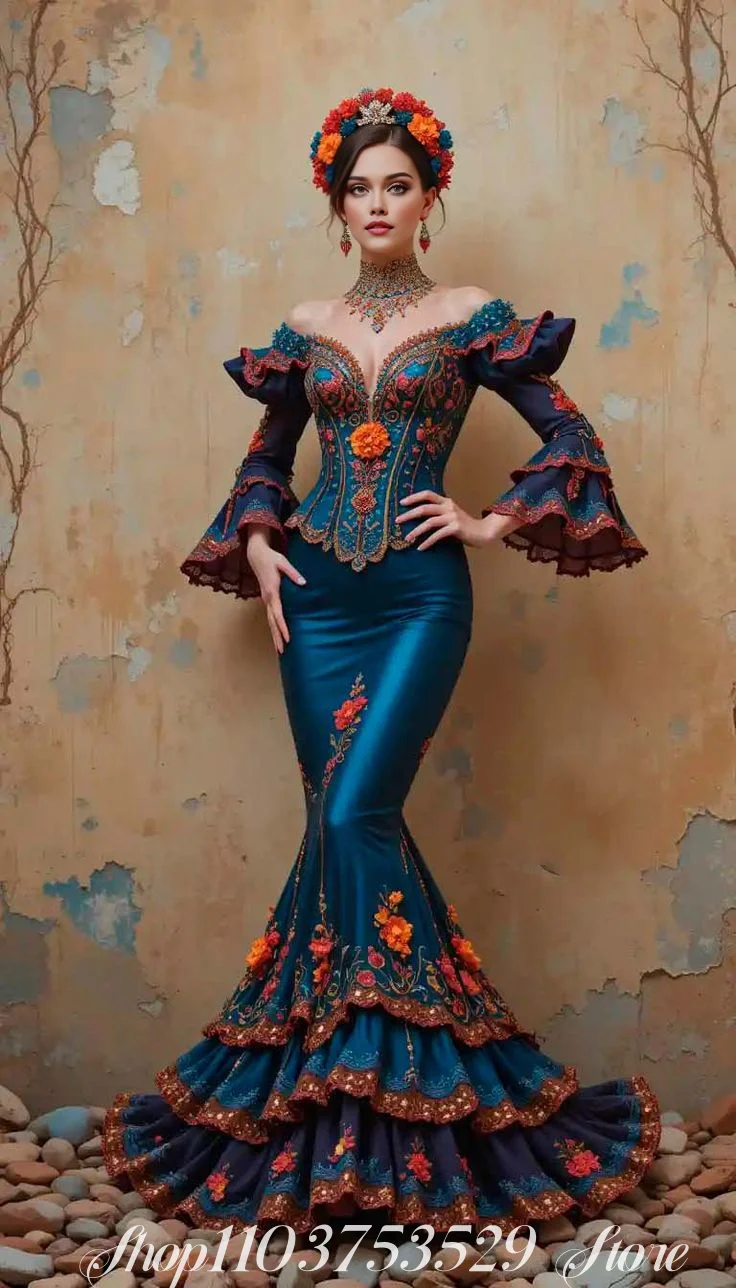 

Пользовательское темно-синее вечернее платье с цветочным принтом, вышитый корсет, 3D цветочное платье русалки для выпускного вечера, этническое платье для выпускного вечера, вечернее платье