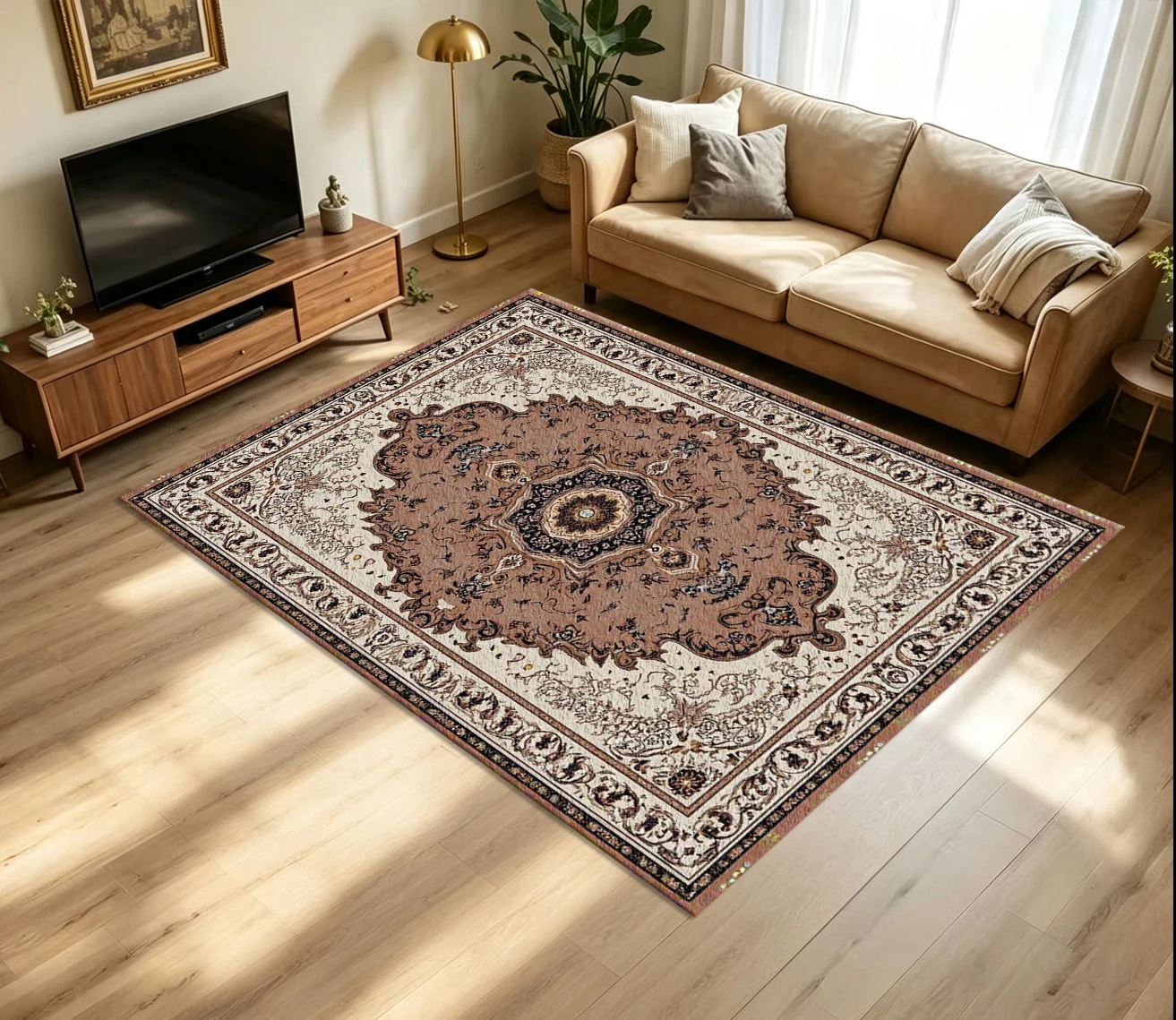 Oriental Vintage Medallion Carpet Flooring Antique Luxury Floral Ornament Border Printed Floor Rug for Household Indoor Home Space Decoration