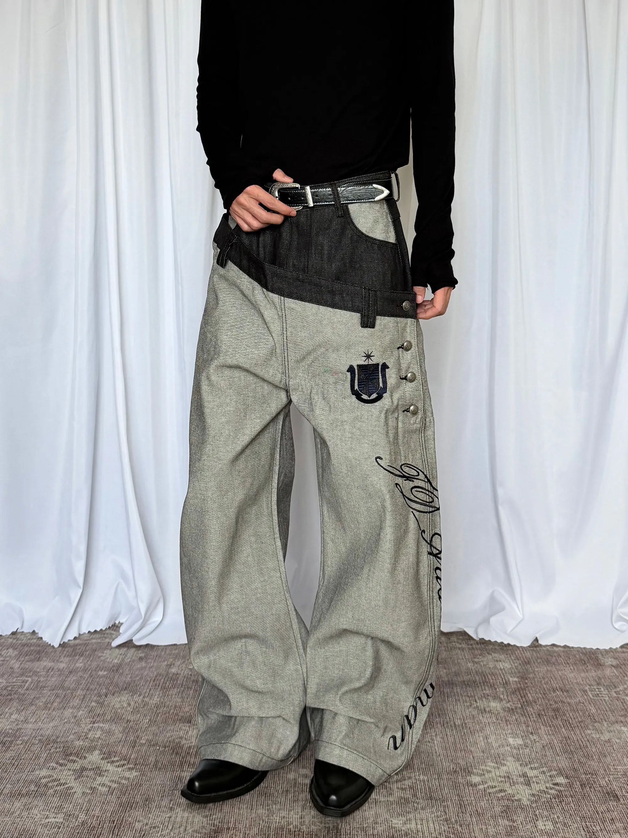 Retro American Street Double Waist Knife Embroidery Original Jeans Men's Loose Fit Hard Wide Leg Long Trousers Trendy