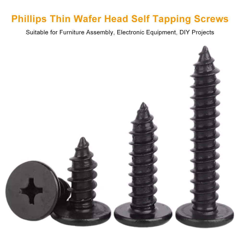 JUIDINTO 10-50pcs Black Stainless Steel Phillips Ultra Thin Flat Head Self Tapping Screw M1.4-M6 Cross Super Low Head Wood Screw