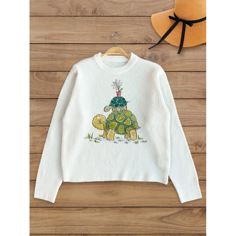 

Вязаный кардиган с принтом «Две маленькие черепахи», женский осенне-зимний свитер на пуговицах, свободный крой, теплый повседневный модный подарок