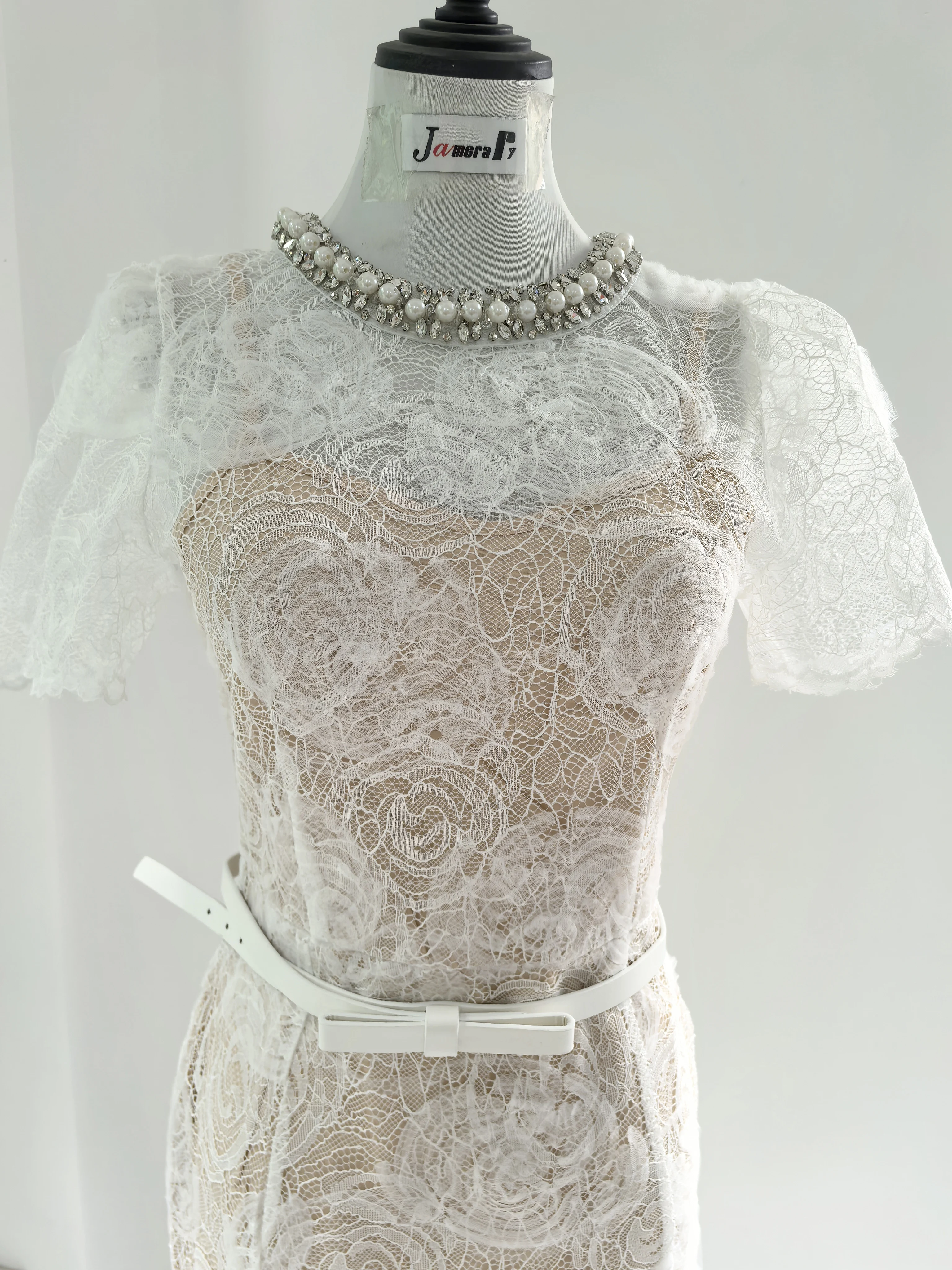 Luxe formele avondborduurwerk kanten lange jurk dames met diamanten verfraaid pure kristallen midi fishtail-jurken met korte mouwen