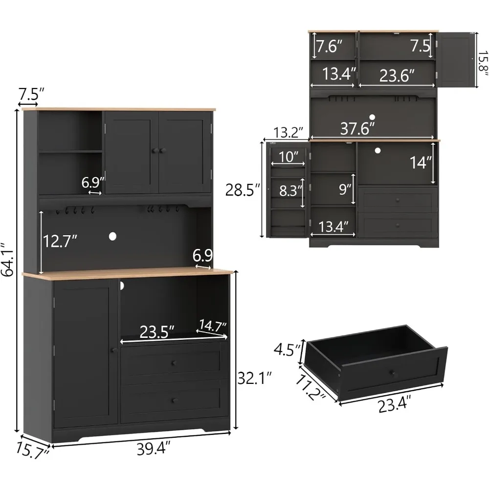 Kitchen Pantry Storage Cabinet,Freestanding Buffet Cabinet with Wine Glass Holder,Food Pantry Cabinet with Doors and Shelves,Tal