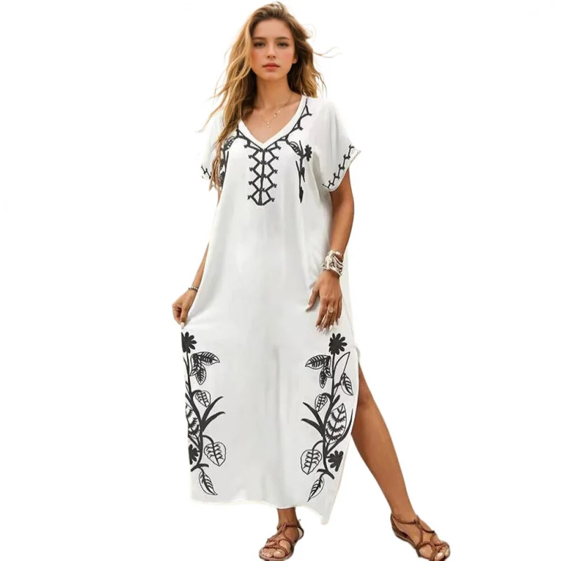 Vestidos de caftán para mujer, traje de baño con bordado floral, cubierta para traje de baño caftán con cuello en V