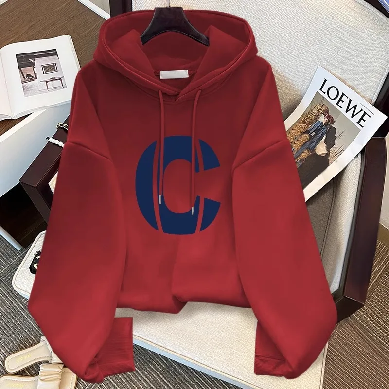 European Anke Pull Rope Red Hooded Sweater Women's Autumn 2024 New Large Size Fashion Letter Printed Coat Top Large Version