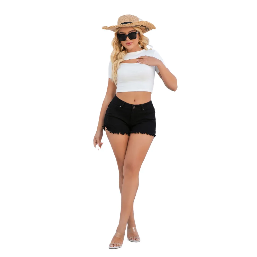 

Summer New Casual Vintage Washed Distressed Solid Color High Waist Frayed Hem Denim Shorts Jeans Woman