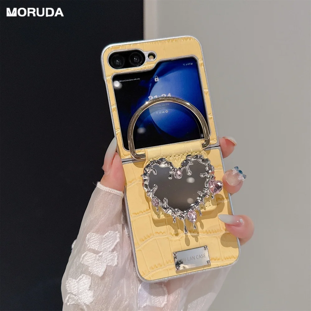 

Роскошный зеркальный чехол-подставка с кольцом и подставкой Love Heart для Samsung Galaxy Z Flip 7, 6, 5, 4, 3, кожаный чехол с крокодиловым узором, корейский чехол