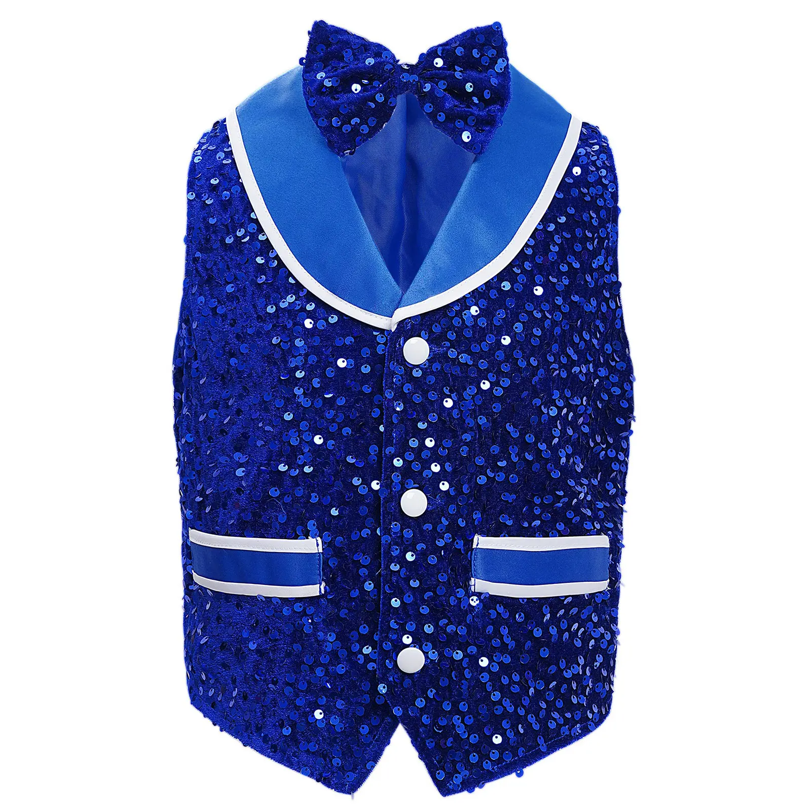 Kids Boys Girls Jazz Hip Hop Dance Performance Costume Shiny Sequins Buttons Waistcoat with Bowtie School Party Show Dancewear