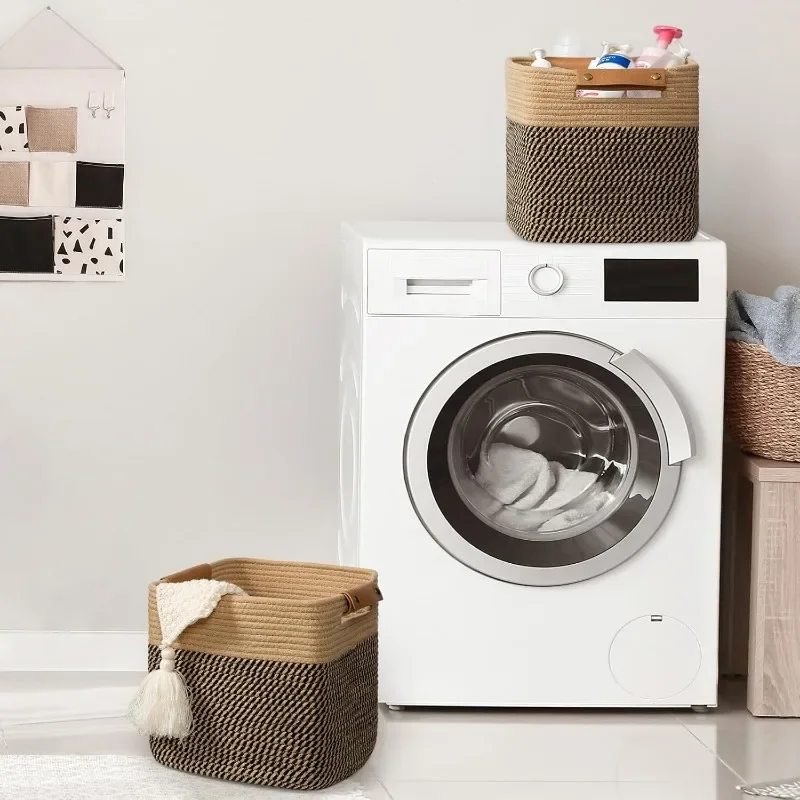 3 عبوات من سلال الحبال القطنية للتخزين، ألعاب مكعبات تخزين مكعبة، 11 بوصة × 11 بوصة، منشفة، وجبة خفيفة، صناديق تخزين مع خياطة معززة