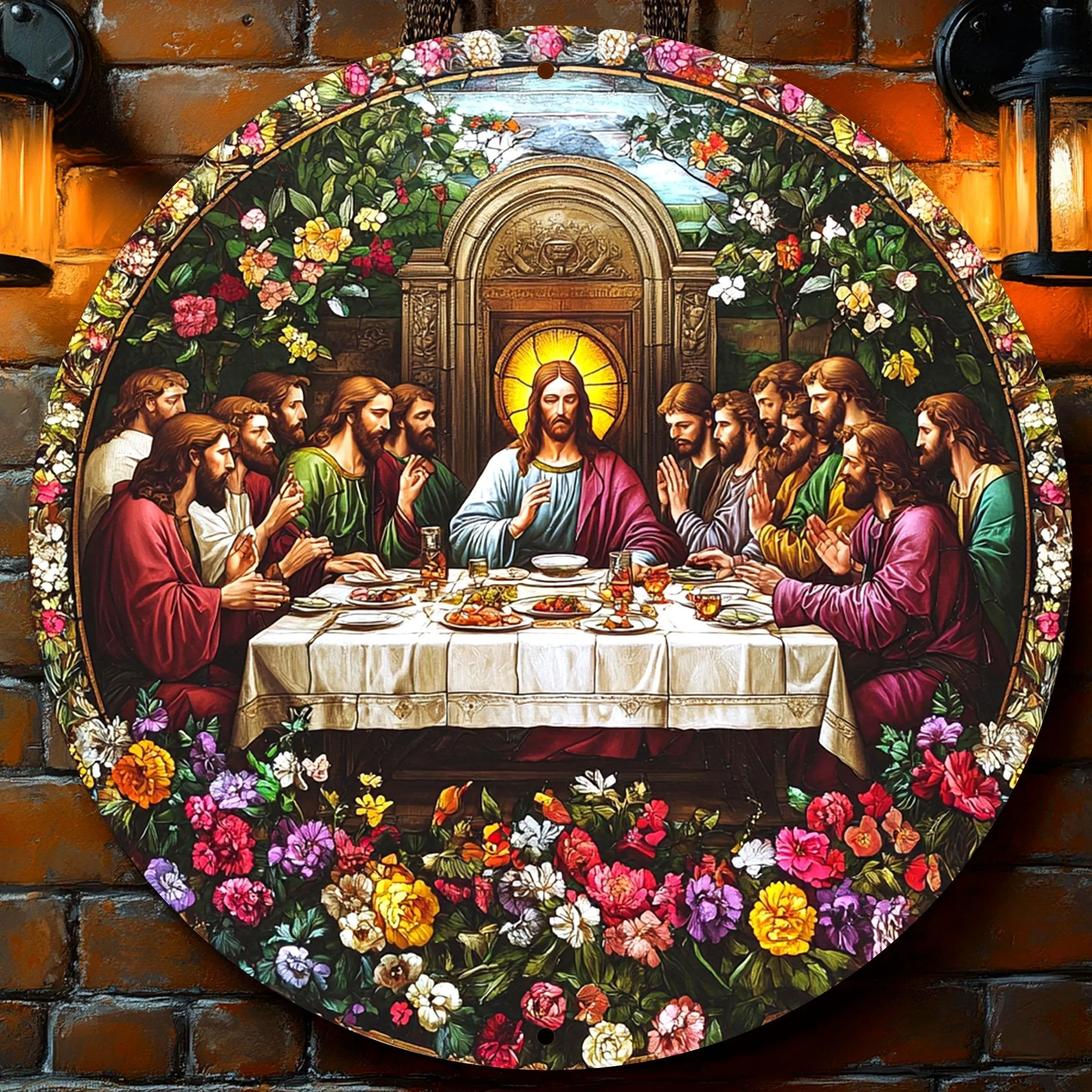 2D Flat Classic Art Lover Decor Gift Aluminum Plaque The Last Supper Round Vintage Wall Art for Home Office Bar
